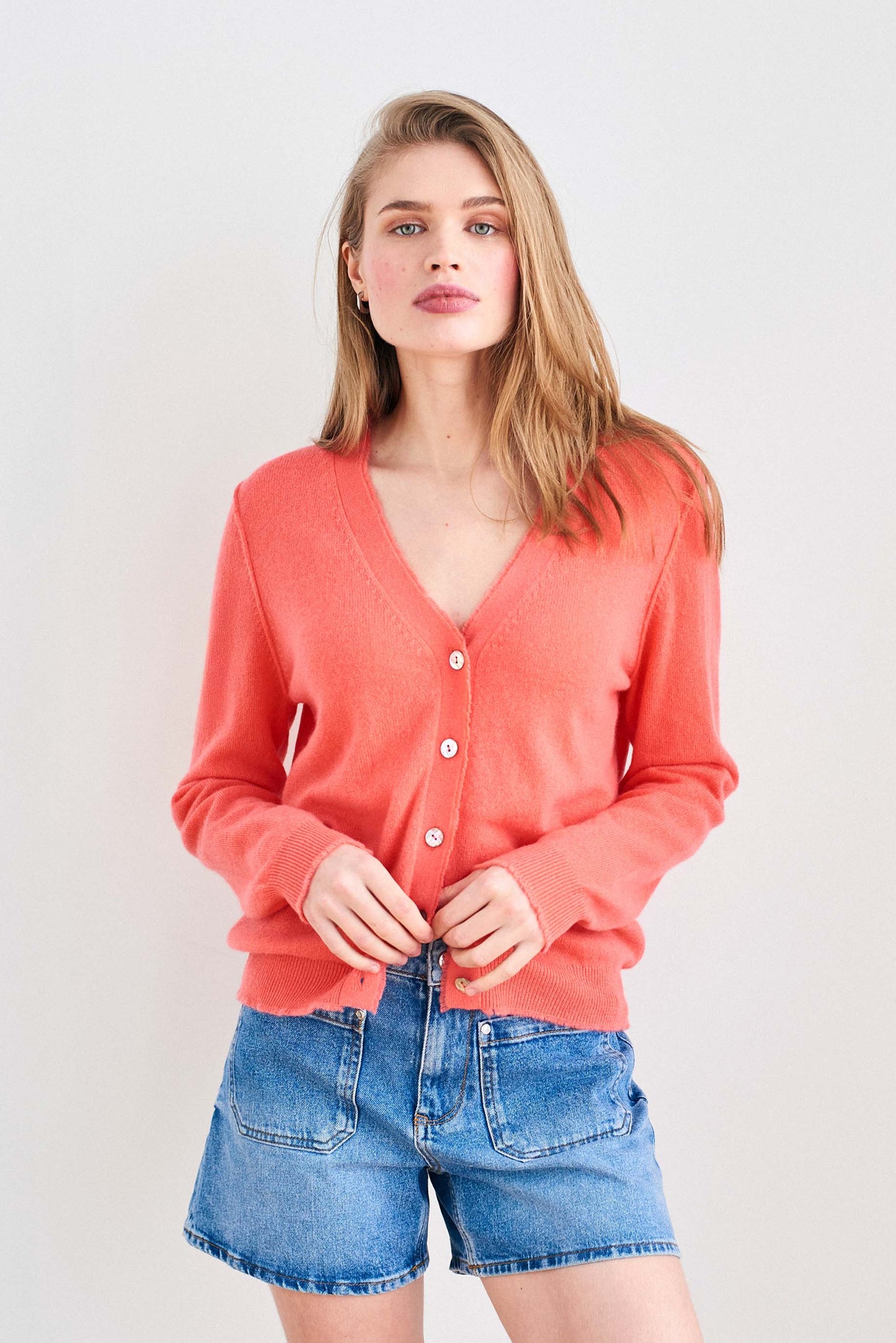 Distressed Vee Cardigan Coral