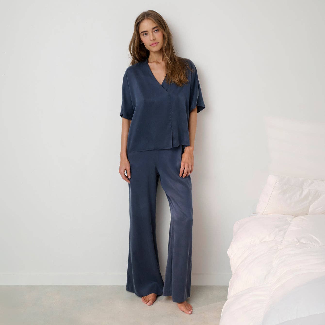 Washable Silk Crossover Pant Set: Deep Blu S