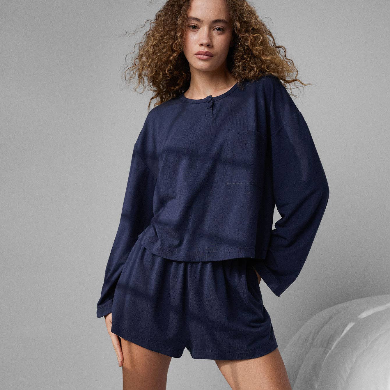 Slumberknit™ Long Sleeve Henley Short Set: Deep Blue