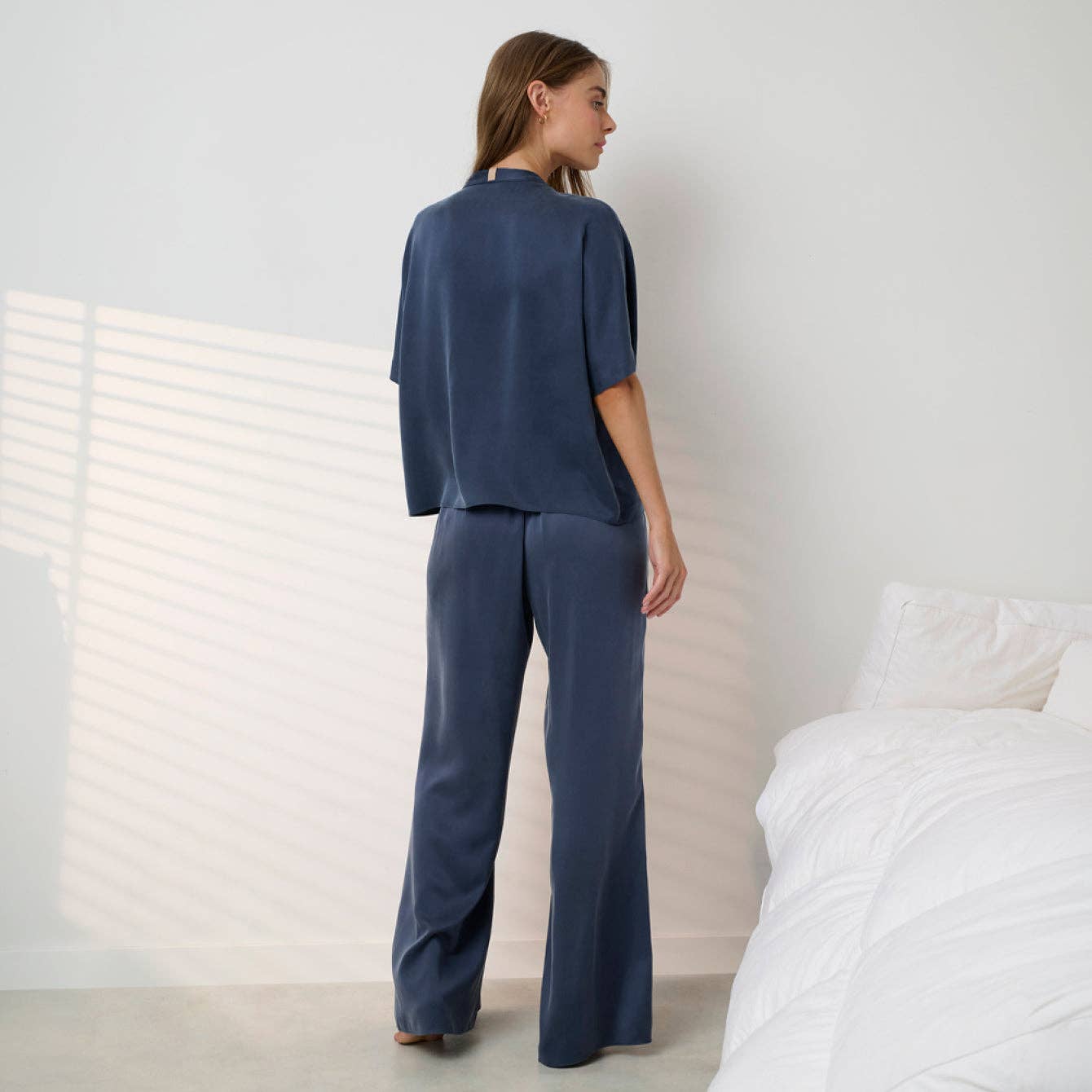 Washable Silk Crossover Pant Set: Deep Blu S
