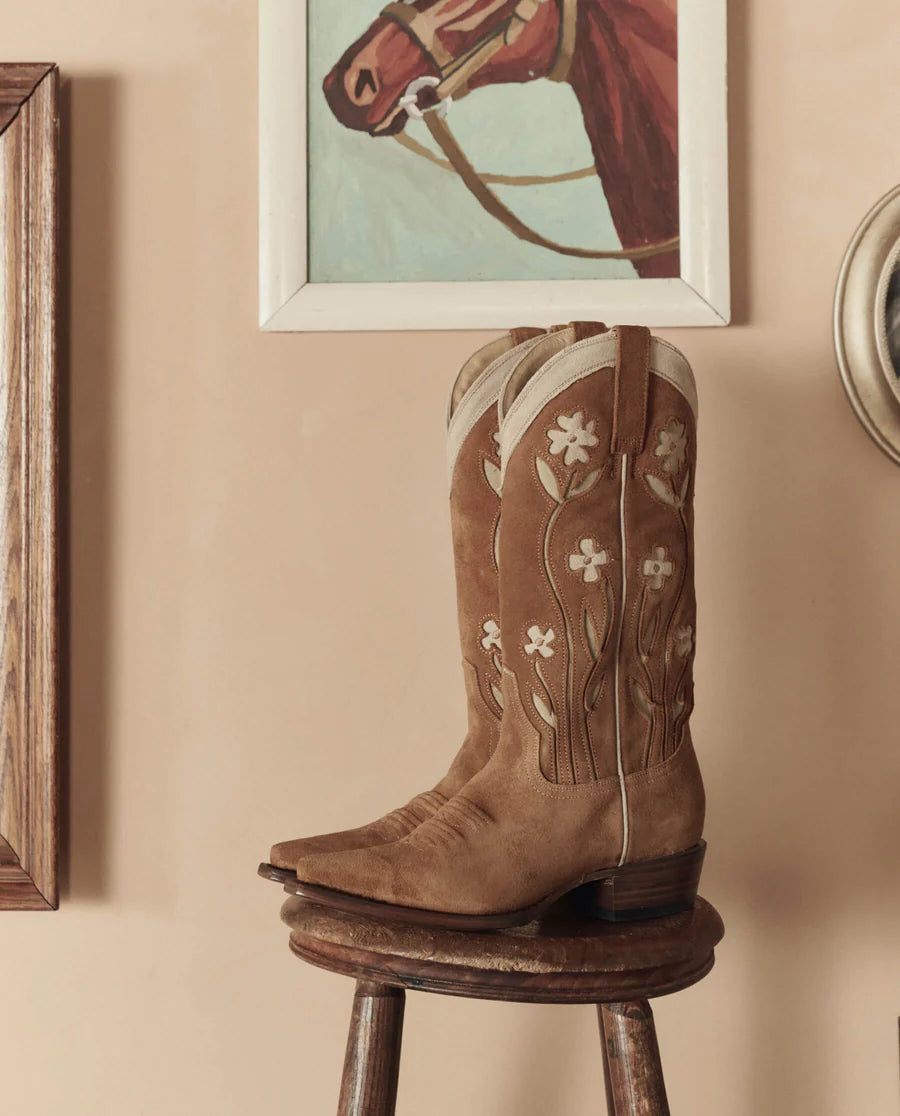 The Cowboy Boot Suede Floral Tan