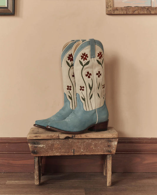 The Cowboy Boot Suede Floral Washed Indigo