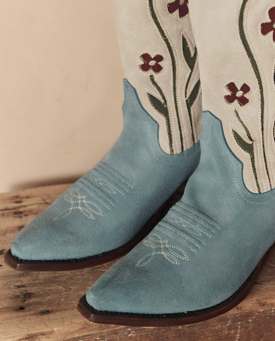 The Cowboy Boot Suede Floral Washed Indigo