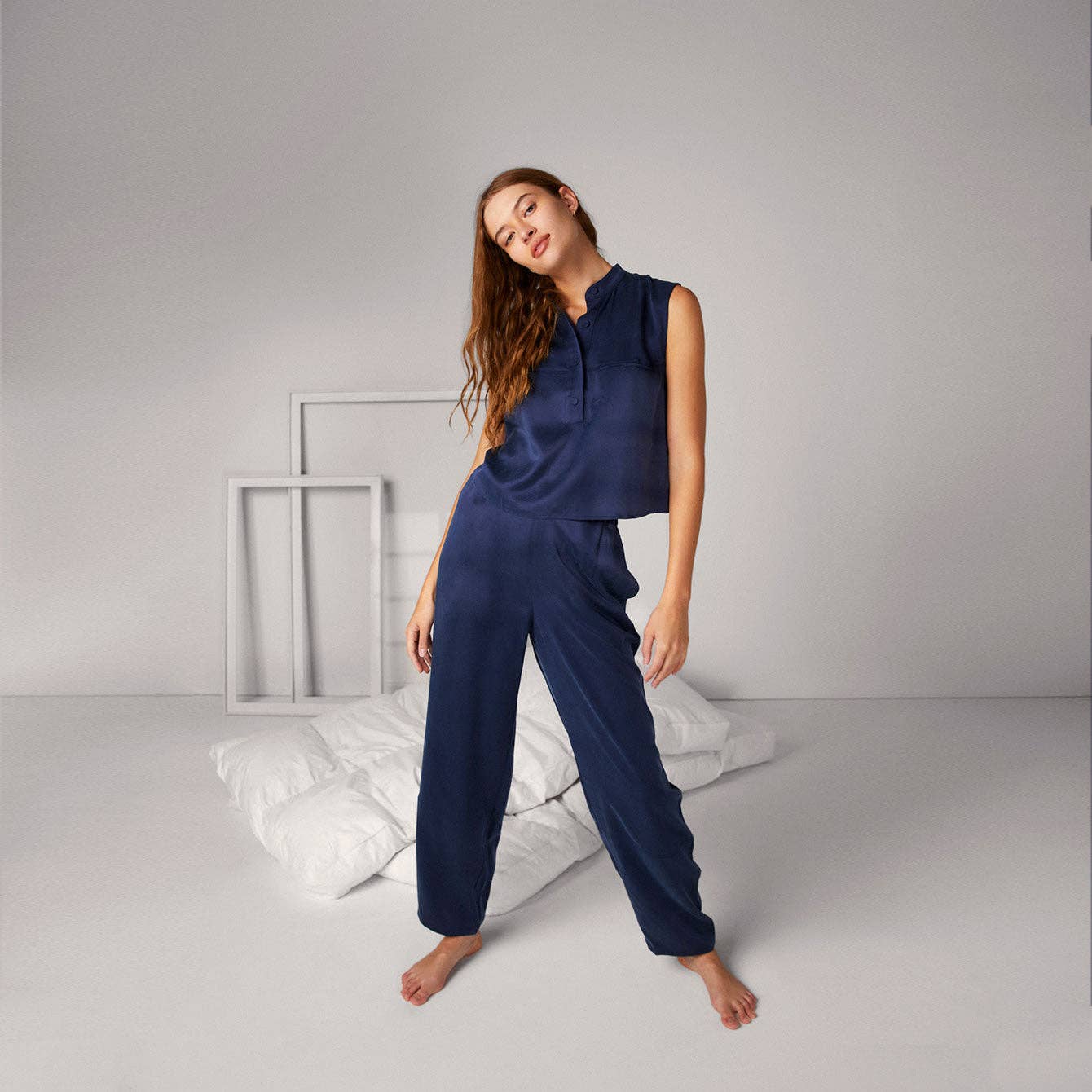 Washable Silk Tank Shaped Pant Set: Deep Blue