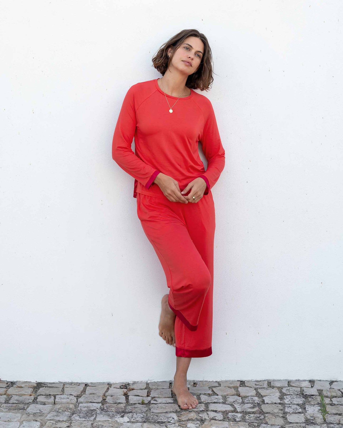 Satin Sailor PJ Set-Hot Coral