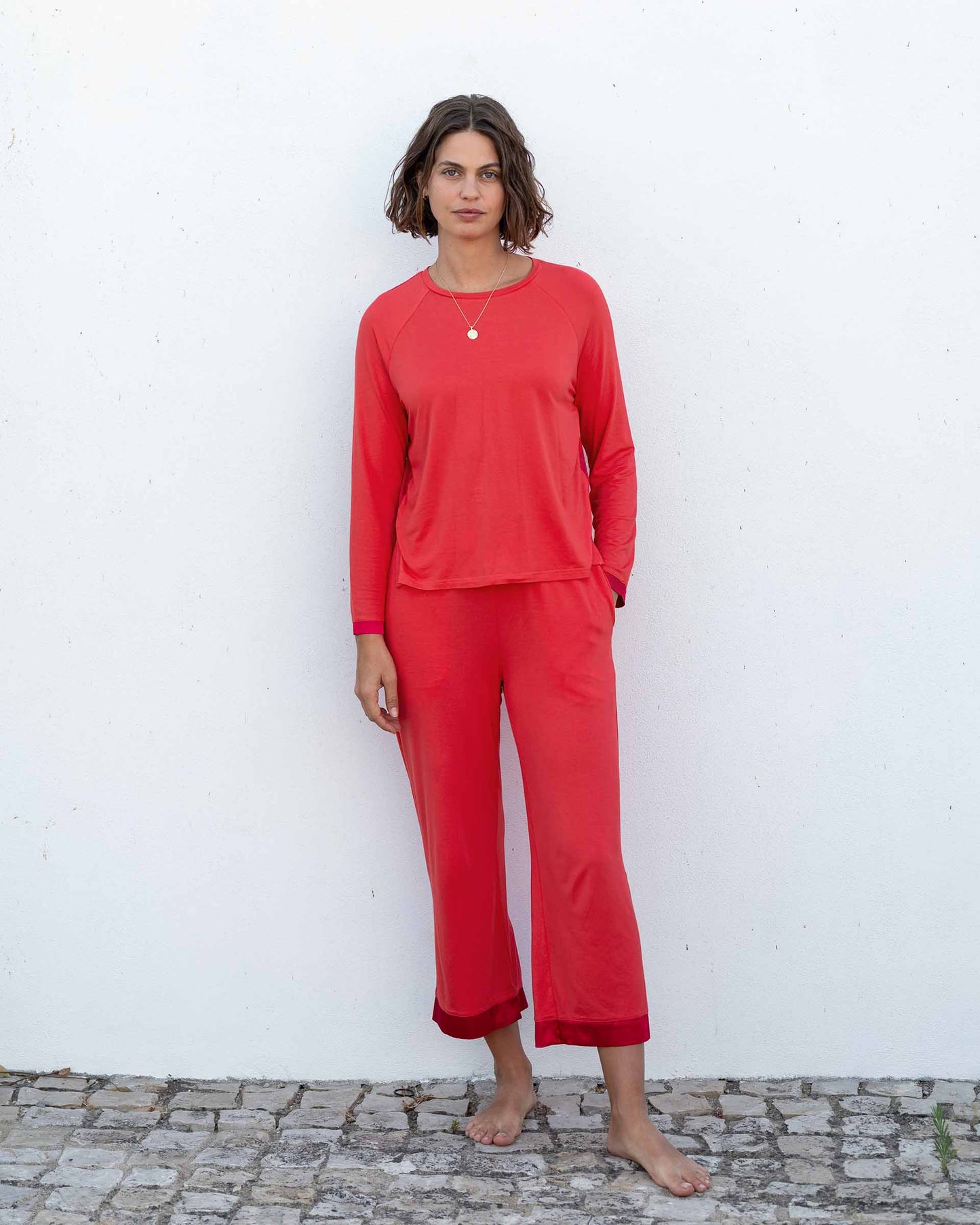 Satin Sailor PJ Set-Hot Coral