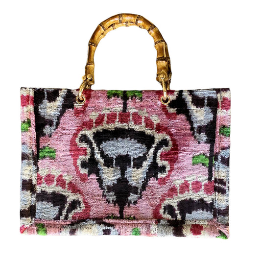 Silk Velvet Ikat Small Tote Bag with Bamboo Handle