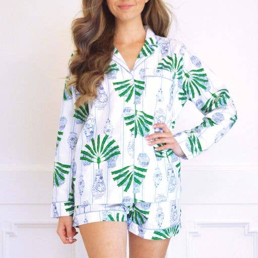 Ginger Jar Palm PJ Set with Shorts & Long Sleeve Top